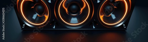 A sleek, modern 3D rendering of a car subwoofer, with powerful, visually impactful design and deep, bassenhancing audio technology Banner for vehicle audio customization