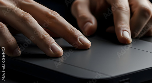 Close Up of Human Hands Interacting with a Modern Laptop in a Minimalist Workspace Setting