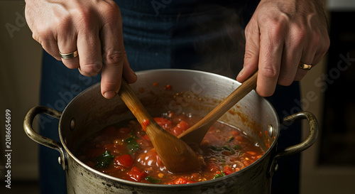 Hands Stirring Colorful Vegetable Soup in a Pot with Wooden Spoon in a Cozy Kitchen Setting