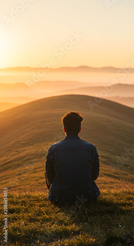 Man Sitting on Grass Overlooking Rolling Hills at Sunset with Vibrant Colors in the Sky and a Peaceful Landscape in the Background During Golden Hour