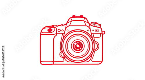 Red outline of a DSLR camera, digital photography icon, isolated on white background