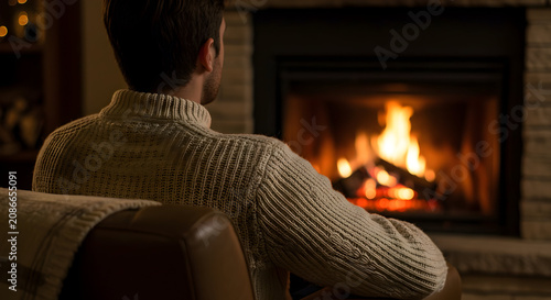 Man in Cozy Sweater Sitting in Front of Flickering Fireplace Embracing Warmth and Serenity in a Comfortable Living Room Setting During a Relaxing Evening