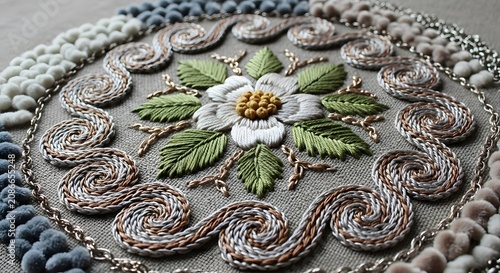 Close up of decorative floral embroidery design with intricate details