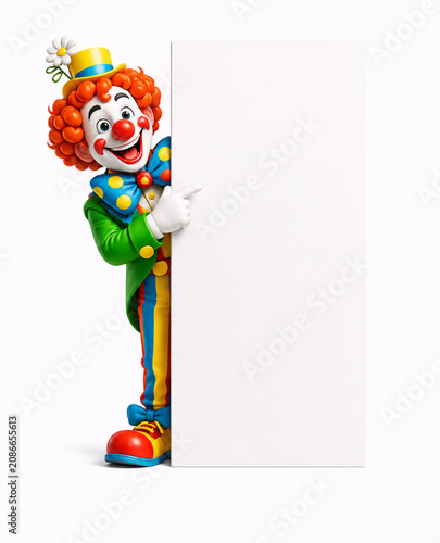 Cheerful 3D illustration of a smiling cartoon clown peeking from behind a large blank vertical signboard and pointing toward the empty copy space. Perfect for advertising, promotions, announcements, p