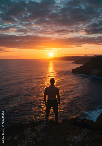 Silhouette of a Man Standing on a Rocky Shore at Sunset Over the Ocean with Vibrant Colors Reflecting on the Water