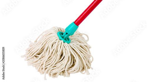 Foto Cotton mop head with red handle and teal connector, isolated on transparent back