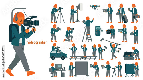 Professional videographer character set, film production crew with camera equipment, flat vector illustration of movie makers and cinematographers