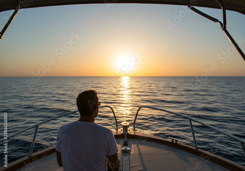 Man Enjoying Peaceful Sunset View Over Ocean While Relaxing on Boat in Tranquil Waters