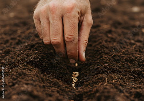 Close-Up of a Hand Planting Seeds in Rich, Dark Soil, Reflecting the Essence of Agriculture and Nurturing Growth in a Sustainable Garden Environment