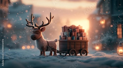 A reindeer pulls a tiny wooden cart filled with colorful Christmas presents through a snowy village at sunset, with gentle snowfall and warm glowing lanterns creating a magical holiday scene.