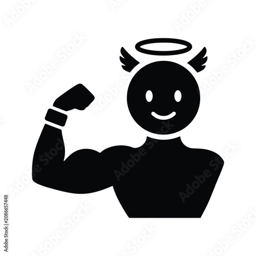 Fotografía Muscular Angelic Figure Flexing Bicep with Halo and Wings Isolated on White Back