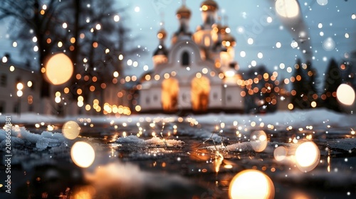 A snow-covered church with Christmas lights