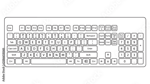 Konstfotografi Minimalist computer keyboard line art vector, qwerty keypad outline illustration