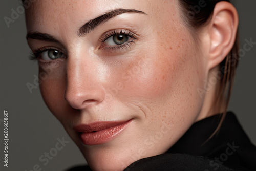 Woman Beauty Closeup Face Freckles Strong Brows Green Eyes Gray Background Natural