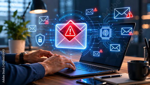 AI cybersecurity system scanning for email phishing threats and spam alerts on a laptop computer screen while a corporate professional types on the keyboard at night