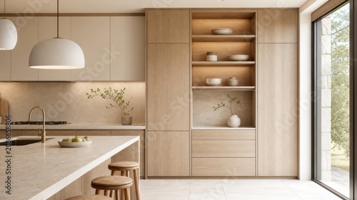 Modern kitchen design with wooden cabinets and natural light in a spacious home