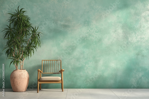 Cozy Living Room Interior Armchair Dracaena Plant Mint Green Wall Decor
