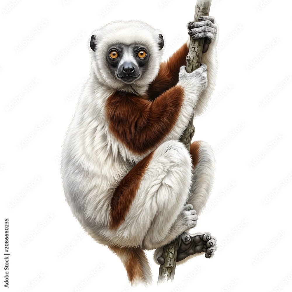 Fototapeta premium White and brown primate hanging on a tree branch detailed illustration