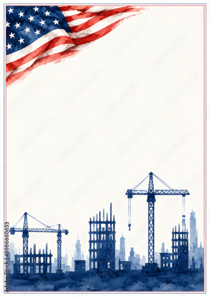 Naklejka premium Watercolor illustration of a construction site with cranes and buildings, American flag above. Perfect for Labor Day, industry events, or patriotic projects.