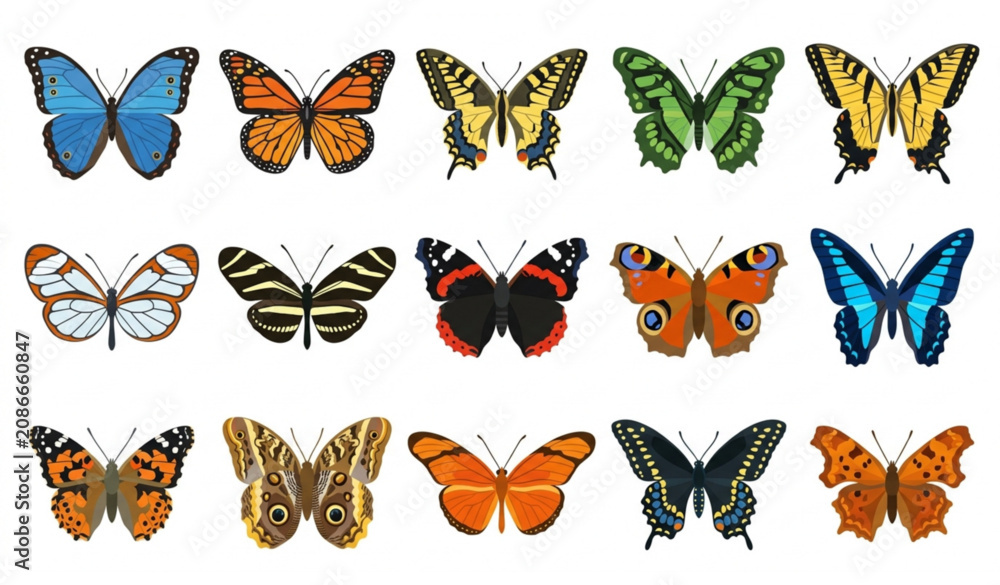 Fototapeta premium Exotic Butterfly Collection Flat Vector Set Isolated on White Background