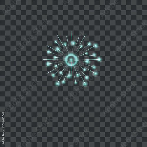 Isolated cyan firework burst with glowing circular lens flare core on transparent background; mint teal sparkling firework explosion icon element for festival layout