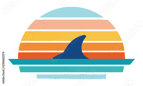 Minimalist dolphin dorsal fin silhouette emerging from a calm sea against horizontal sunset stripes with flat geometric shapes marine wildlife concept