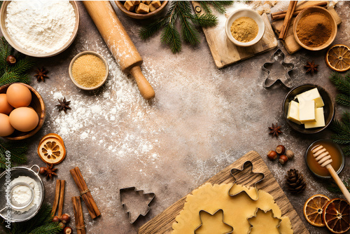 Christmas Gingerbread Cookie Baking Flat Lay with Dough, Cutters, Spices and Rolling Pin