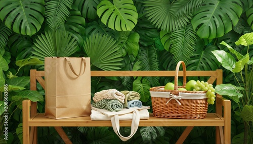 Zero waste grocery shopping collection with reusable bags wicker basket on tropical background