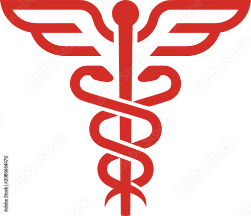 Red caduceus symbol on white background.
