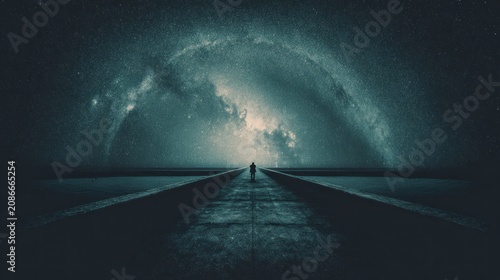 Person walking towards dramatic sky abstract concept illustration