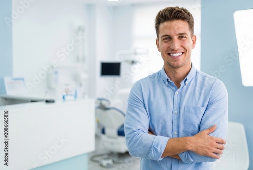 Young man smiling, showing healthy white teeth in a modern dental office