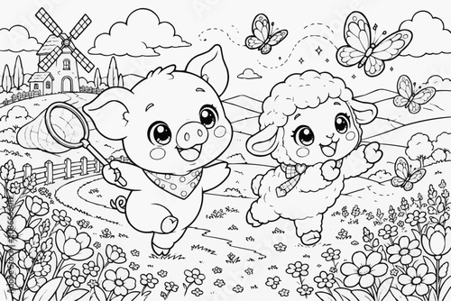 Adorable kawaii piglet holding a butterfly net running with a lamb through a flower meadow near a windmill, a playful scene drawn as black and white line art.