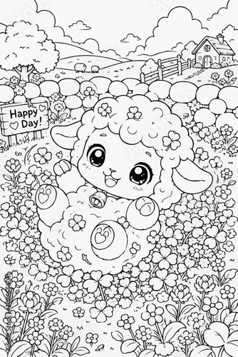 Adorable fluffy kawaii lamb sitting in a lush field of flowers under a happy day sign with a cottage on the hill, a spring scene drawn as black and white line art.