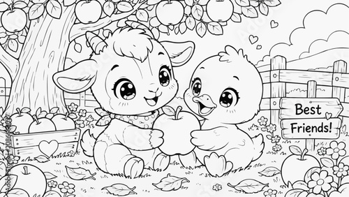 Adorable kawaii baby goat and duckling playing under an apple tree in an orchard with a cottage in the background, drawn as clean black and white line art.