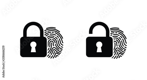 Lock And Fingerprint Icons Black Silhouette On White Background
