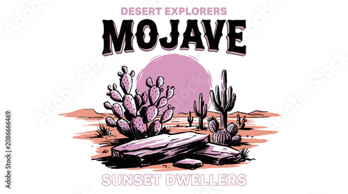 Mojave desert explorers. Vintage sunset cactus design. Retro mountain t shirt graphic.