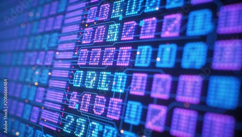 Abstract macro view of a digital screen revealing glowing blue and purple diode patterns with RGB pixel textures forming futuristic electronic interface background suggesting advanced technology visua