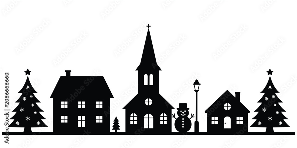Naklejka premium Black Silhouette of a Festive Christmas Village Scene with Snowman and Trees town