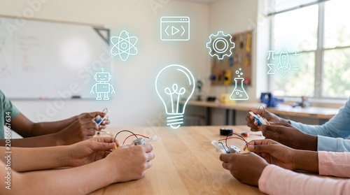 Diverse Students Hands Working on STEM Projects in Classroom