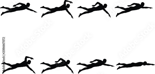 Fotografi man swimming freestyle stroke sequence silhouette vector graphic element isolate