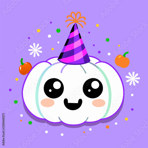 Cute White Pumpkin Vector Illustration with Party Hat for Halloween