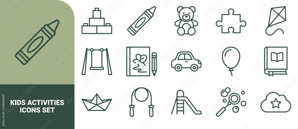 Fototapeta premium Set of 15 outline kids activities and toys including crayon, building blocks, teddy bear, puzzle, kite, swing, car, book, and slide
