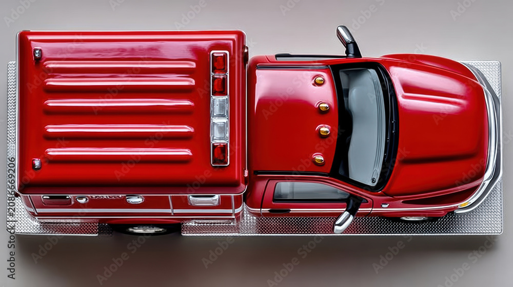 Naklejka premium Top view minimal red ambulance toy vehicle on reflective platform for emergency transport background and product banner