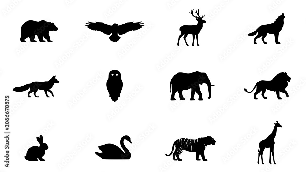 Obraz premium Animal Silhouettes Collection in a Grid Pattern with Various Wildlife Shapes and Black Vector Icons for Design