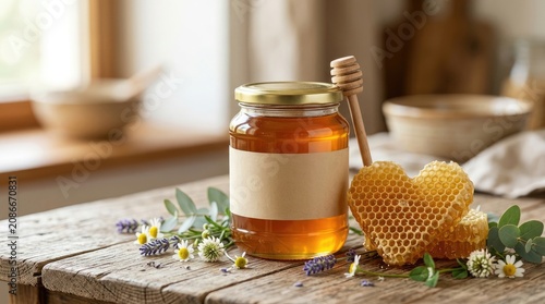 Glass honey jar with blank label next to a heart-shaped honeycomb and wildflowers