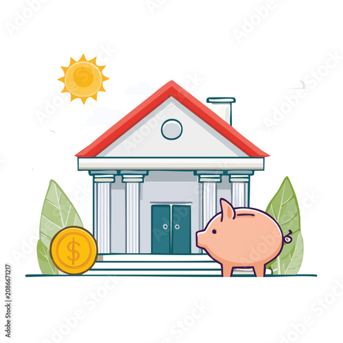 Bank Building with Piggy Bank and Coin