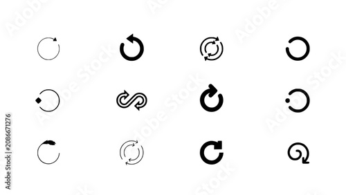Circular Arrow Icons Arranged in a 4x3 Grid, Featuring Clockwise and Counterclockwise Rotation Symbols in Vector Style