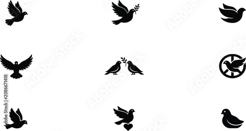 Schilderij op canvas Peace Dove Black Silhouette Icon Set with Flying Birds, Olive Branch, Peace Sign