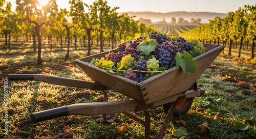 Abundant grapes overflowing from a wheelbarrow in a sun-drenched vineyard at harvest time