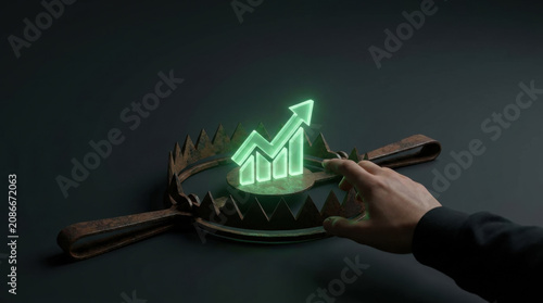 Hand reaching for bear trap with glowing financial growth chart symbol, representing risk and danger in investment or business decisions